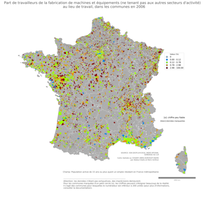 Part de travailleurs de la fabrication de machines et équipements (ne tenant pas aux autres secteurs d'activité) au lieu de travail - com2006
Mots-clés: secteur d-activité;lieu de travail;communes