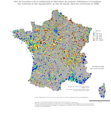 Part de travailleurs de la métallurgie et fabrication de produits métalliques à l'exception des machines et des équipements au lieu de travail - com2006
Mots-clés: secteur d-activité;lieu de travail;communes