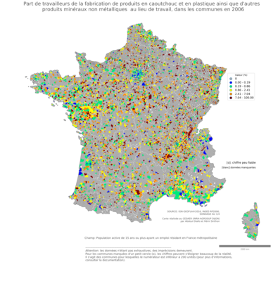 Part de travailleurs de la fabrication de produits en caoutchouc et en plastique ainsi que d'autres produits minéraux non métalliques au lieu de travail - com2006
Mots-clés: secteur d-activité;lieu de travail;communes