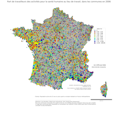 Part de travailleurs des activités pour la santé humaine au lieu de travail - com2006
Mots-clés: secteur d-activité;lieu de travail;fonction publique ou indépendance;communes