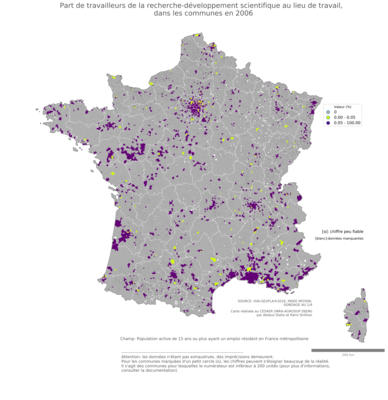 Part de travailleurs de la recherche'développement scientifique au lieu de travail - com2006
Mots-clés: secteur d-activité;lieu de travail;communes