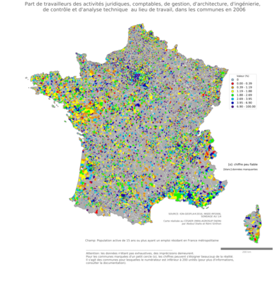 Part de travailleurs des activités juridiques, comptables, de gestion, d'architecture, d'ingénierie, de contrôle et d'analyse technique au lieu de travail - com2006
Mots-clés: secteur d-activité;lieu de travail;communes