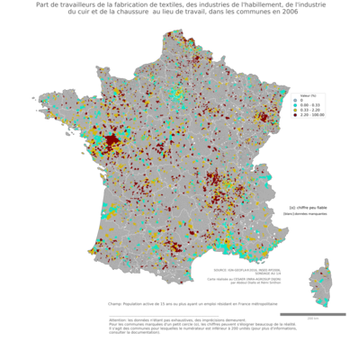 Part de travailleurs de la fabrication de textiles, des industries de l'habillement, de l'industrie du cuir et de la chaussure au lieu de travail - com2006
Mots-clés: secteur d-activité;lieu de travail;communes