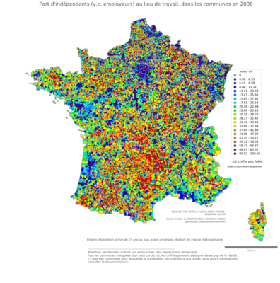 Part d'indépendants (y.c. employeurs) au lieu de travail - com2006
Mots-clés: profession;lieu de travail;fonction publique ou indépendance;communes