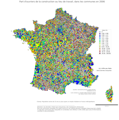 Part d'ouvriers de la construction au lieu de travail - com2006
Mots-clés: profession;sexe;hommes;lieu de travail;secteur d-activité;classes populaires;communes