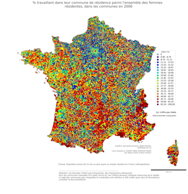 % travaillant dans leur commune de résidence parmi l'ensemble des femmes résidentes - com2006
Mots-clés: résidence et logement;sexe;femmes;communes