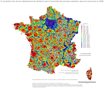 % travaillant hors de leur département de résidence parmi l'ensemble des hommes résidents - com2006
Mots-clés: résidence et logement;sexe;hommes;communes