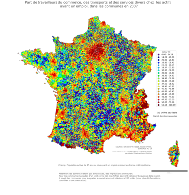 Part de travailleurs du commerce, des transports et des services divers chez les actifs ayant un emploi - com2006
Mots-clés: secteur d-activité;communes