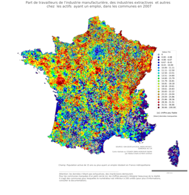 Part de travailleurs de l'industrie manufacturière, des industries extractives et autres chez les actifs ayant un emploi - com2006
Mots-clés: secteur d-activité;communes