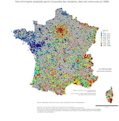 Part d'immigrés employés parmi l'ensemble des résidents - com2006
Mots-clés: immigration;profession;classes populaires;communes