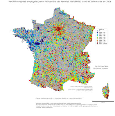 Part d'immigrées employées parmi l'ensemble des femmes résidentes - com2006
Mots-clés: immigration;profession;sexe;femmes;classes populaires;communes