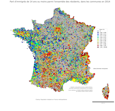 Part d'immigrés de 14 ans ou moins parmi l'ensemble des résidents - com2014
Mots-clés: immigration;âge;classes populaires;communes