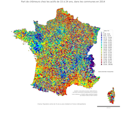 Part de chômeurs chez les actifs de 15 à 24 ans - com2014
Mots-clés: chômage;âge;classes populaires;communes