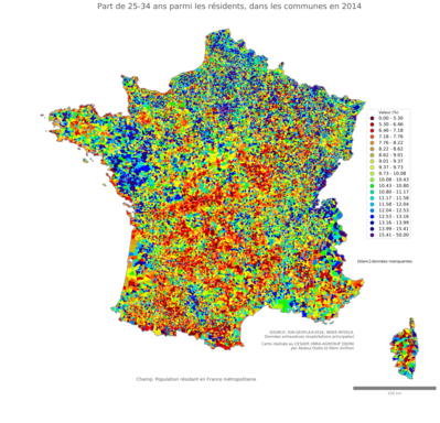 Part de 25'34 ans parmi les résidents - com2014
Mots-clés: âge;communes