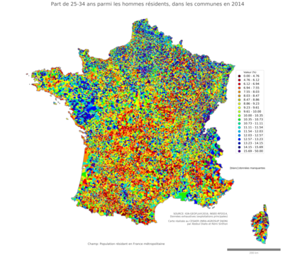 Part de 25'34 ans parmi les hommes résidents - com2014
Mots-clés: âge;sexe;hommes;communes