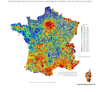 Part d'immigrés de 25 ans à 54 ans parmi l'ensemble des résidents - com2014
Mots-clés: immigration;âge;classes populaires;communes