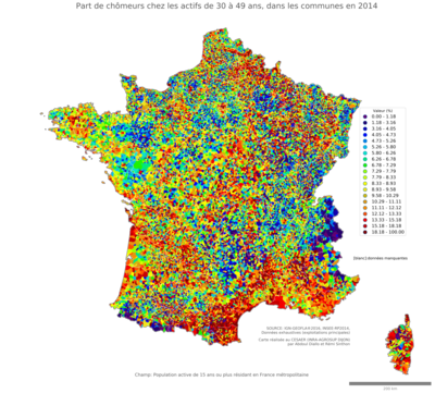 Part de chômeurs chez les actifs de 30 à 49 ans - com2014
Mots-clés: chômage;âge;classes populaires;communes