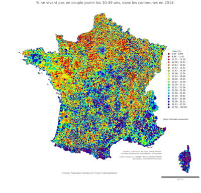 Part ne vivant pas en couple parmi les 30'49 ans - com2014
Mots-clés: couple;âge;communes