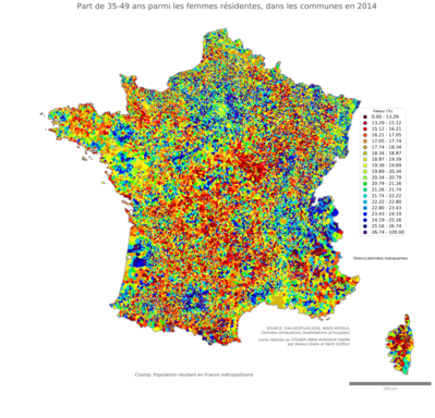 Part de 35'49 ans parmi les femmes résidentes - com2014
Mots-clés: âge;sexe;femmes;communes