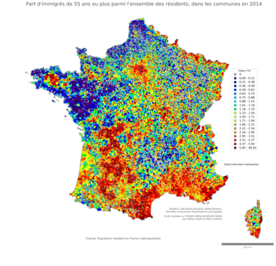 Part d'immigrés de 55 ans ou plus parmi l'ensemble des résidents - com2014
Mots-clés: immigration;âge;classes populaires;communes