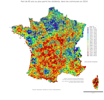 Part de 65 ans ou plus parmi les résidents - com2014
Mots-clés: âge;communes