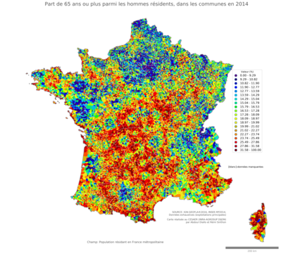 Part de 65 ans ou plus parmi les hommes résidents - com2014
Mots-clés: âge;sexe;hommes;communes