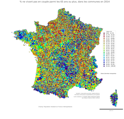 Part ne vivant pas en couple parmi les 65 ans ou plus - com2014
Mots-clés: couple;âge;communes