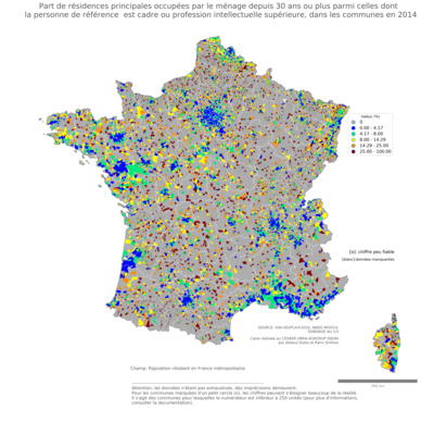 Part de résidences principales occupées par le ménage depuis 30 ans ou plus parmi celles dont la personne de référence est cadre ou profession intellectuelle supérieure - com2014
Mots-clés: résidence et logement;profession;classes supérieures;communes