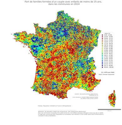 Part de familles formées d'un couple avec enfants de moins de 25 ans - com2014
Mots-clés: famille et enfants;couple;communes