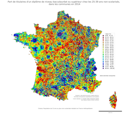 Part de titulaires d'un diplôme de niveau baccalauréat ou supérieur chez les 25'39 ans non'scolarisés - com2014
Mots-clés: études et diplôme;âge;communes