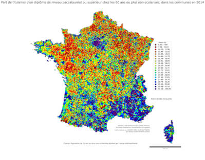 Part de titulaires d'un diplôme de niveau baccalauréat ou supérieur chez les 60 ans ou plus non'scolarisés - com2014
Mots-clés: études et diplôme;âge;communes