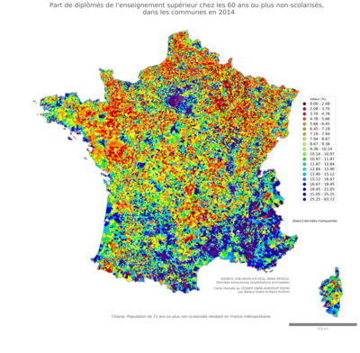 Part de diplômés de l'enseignement supérieur chez les 60 ans ou plus non'scolarisés - com2014
Mots-clés: études et diplôme;âge;classes supérieures;communes