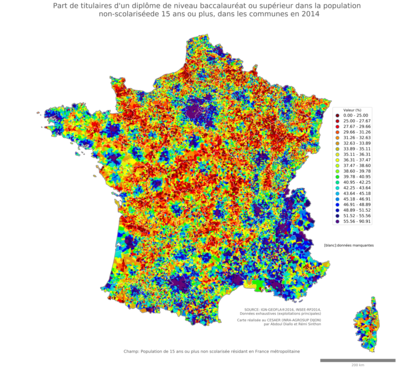 Part de titulaires d'un diplôme de niveau baccalauréat ou supérieur dans la population non'scolarisée de 15 ans ou plus - com2014
Mots-clés: études et diplôme;communes