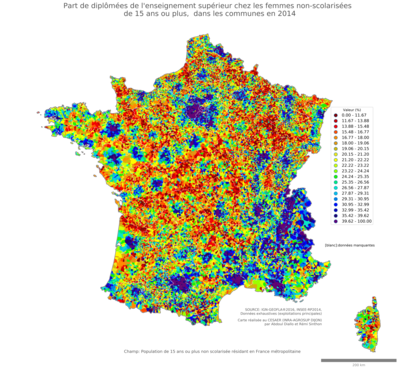 Part de diplômées de l'enseignement supérieur chez les femmes non'scolarisées de 15 ans ou plus - com2014
Mots-clés: études et diplôme;sexe;femmes;classes supérieures;communes