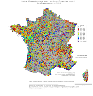 Part se déplaçant en deux roues chez les actifs ayant un emploi - com2014
Mots-clés: transports;communes