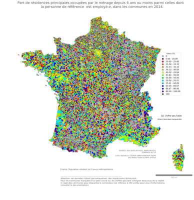 Part de résidences principales occupées par le ménage depuis 4 ans ou moins parmi celles dont la personne de référence est employé.e - com2014
Mots-clés: résidence et logement;profession;classes populaires;communes