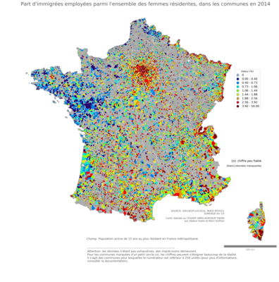 Part d'immigrées employées parmi l'ensemble des femmes résidentes - com2014
Mots-clés: immigration;profession;sexe;femmes;classes populaires;communes