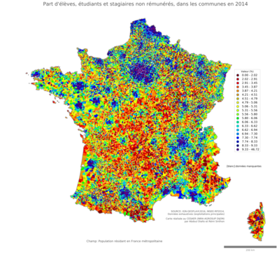 Part d'élèves, étudiants et stagiaires non rémunérés - com2014
Mots-clés: études et diplôme;communes