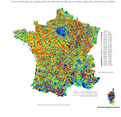 Part ne vivant pas en couple parmi les femmes de 29 ans ou moins - com2014
Mots-clés: couple;âge;sexe;femmes;communes