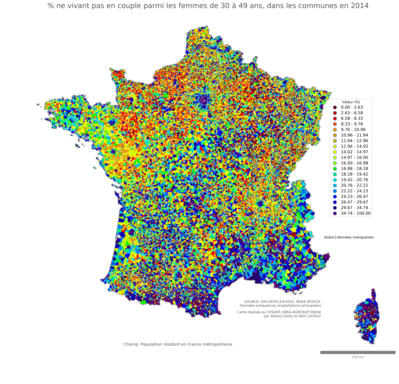 Part ne vivant pas en couple parmi les femmes de 30 à 49 ans - com2014
Mots-clés: couple;âge;sexe;femmes;communes