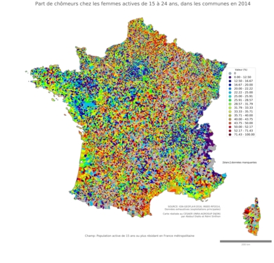 Part de chômeurs chez les femmes actives de 15 à 24 ans - com2014
Mots-clés: chômage;sexe;femmes;âge;classes populaires;communes