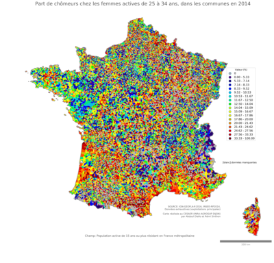 Part de chômeurs chez les femmes actives de 25 à 34 ans - com2014
Mots-clés: chômage;sexe;femmes;âge;classes populaires;communes