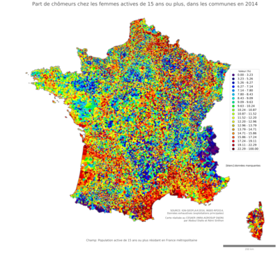 Part de chômeurs chez les femmes actives de 15 ans ou plus - com2014
Mots-clés: chômage;sexe;femmes;classes populaires;communes