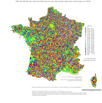 Part de 30'49 ans chez les femmes au lieu de travail - com2014
Mots-clés: âge;lieu de travail;communes