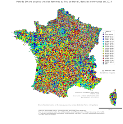 Part de 50 ans ou plus chez les femmes au lieu de travail - com2014
Mots-clés: âge;lieu de travail;communes