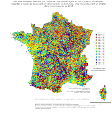 Indice de libération féminine par la voiture: part se déplaçant en voiture parmi les femmes rapportée à la part se déplaçant en voiture parmi les hommes, chez les actifs ayant un emploi - com2014
Mots-clés: transports;conditions d-existence;sexe;communes