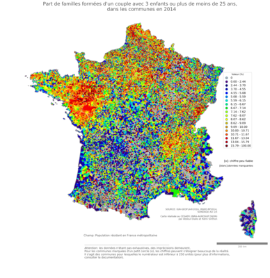 Part de familles formées d'un couple avec 3 enfants ou plus de moins de 25 ans - com2014
Mots-clés: famille et enfants;communes