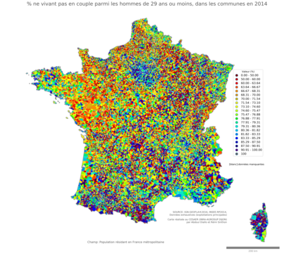 Part ne vivant pas en couple parmi les hommes de 29 ans ou moins - com2014
Mots-clés: couple;âge;sexe;hommes;communes