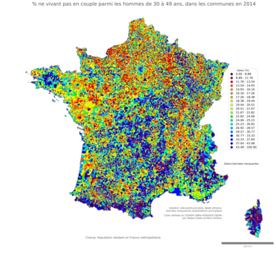 Part ne vivant pas en couple parmi les hommes de 30 à 49 ans - com2014
Mots-clés: couple;âge;sexe;hommes;communes