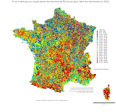 Part ne vivant pas en couple parmi les hommes de 65 ans ou plus - com2014
Mots-clés: couple;âge;sexe;hommes;communes